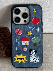 Funda de teléfono a prueba de caídas, a prueba de agua, a prueba de golpes y resistente a los arañazos, compatible con iPhone, con bordados creativos de lunares, casita de perro, estrella, lazo, letra y denim