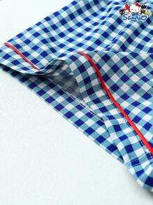 2 件 Sanrio Hello Kitty 口袋刺绣格子印花翻领短袖纽扣衬衫和蝴蝶结短裤睡衣套装，适合居家、春夏季