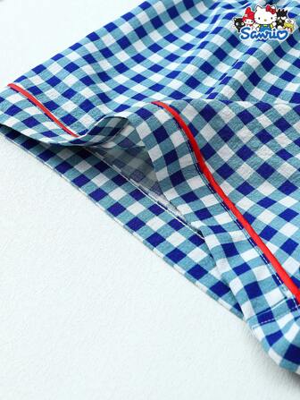  2st Sanrio Hello Kitty Pocket Broderad Plädtryckt Lapel Kortärmad Button Blus och Rosett Pyjamas Set, Lämplig för hemmet, vår/sommar