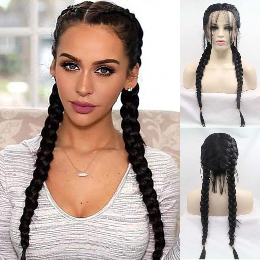 2 Braids Handwoven Braided 28inch/71.12cm Wig For Women - Long, Breathable Lace Front With 2-Strand Twist Braid, High-Density Synthetic Hair, Perfect For Casual Attire - 1B - View 1