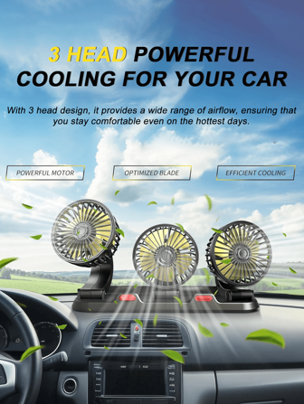 1pc 3-Head Car Fan, Portable Car Cooling Fan, 5V/12V/24V Auto Cooling Fan, 2-Speed Adjustable, 360° Rotatable, Multi-Angle Air Blowing, Ensures Cool Air In Every Corner. Provides Powerful Airflow To Quickly Fill The Whole Car With Fresh Coolness, Enhancing Your Driving Experience. Suitable For Various Vehicles Including Sedans, SUVs, Trucks, Buses, And Off-Road Cars, Easily Meeting Your Diverse Needs.