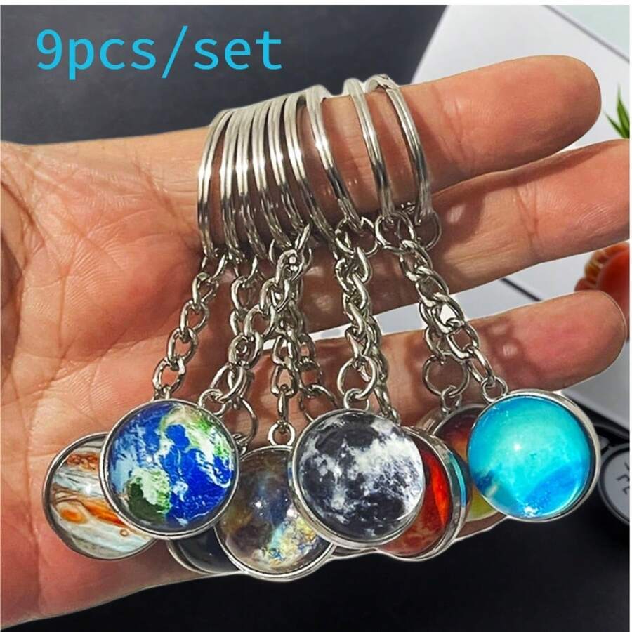 1件/9件套太阳系双面玻璃球钥匙扣，行星主题礼物（地球/土星/火星/水星/木星），适合节日创意小礼物、汽车配件、包包挂饰、背包挂件，可爱哥特风Y2K礼物，送给母亲、父亲、毕业生和老师