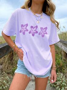 Oversized Graphic T Shirt For Women Teens Girl Y2K Floral Short Sleeve Baggy Tee Shirts Loose Fit Vintage Aesthetic Coastal Tops Summer Beach Going Out Tops - 紫色 - 查看 1