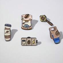 5pcs/Set Unique Imported American Coffee Logo Badge, Creative Cartoon Decoration Metal Brooch For Coat, Sweater