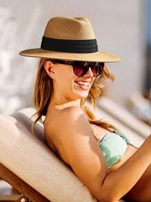 1 pièce Chapeau de paille à large bord de style Panama polyvalent, de protection solaire unisexe, convenant pour la plage, les sports de plein air et l'usage quotidien