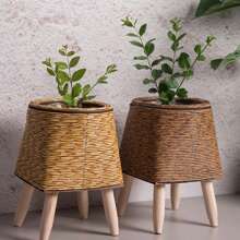 1PC Vintage Imitation Rattan Woven Flower Shelf Planters Handmade Storage Basket With Removable Wooden Legs Plant Pot Stand Holder
