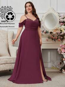 UNITHORSE Plus Size Backless Slit Dress With Sequin, Spaghetti Strap Ruched Front, Fabric, Cami Strap, Women's Dress, Party Dress, Wedding Guest Dress, Formal Dress, Evening Dress,Gown - Red Violet - View 1