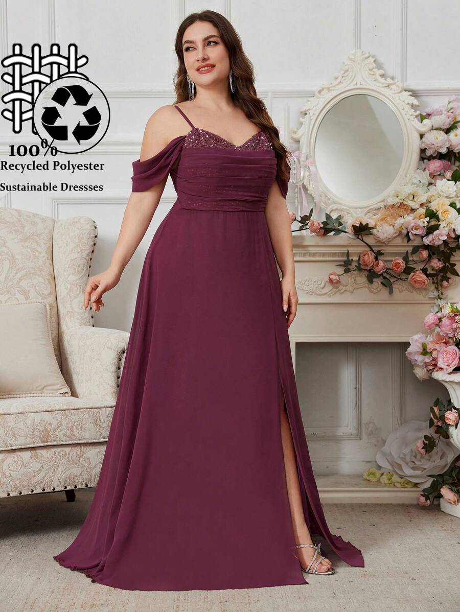 UNITHORSE Plus Size Backless Slit Dress With Sequin, Spaghetti Strap Ruched Front, Fabric, Cami Strap, Women's Dress, Party Dress, Wedding Guest Dress, Formal Dress, Evening Dress,Gown - Red Violet - View 1