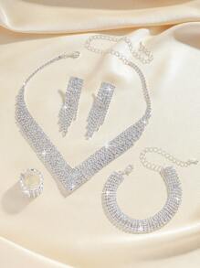 5pcs Luxury Rhinestone Jewelry Set: Necklace, Earrings, Bracelet, And Ring, Suitable For Women's Daily Commute, Wedding, Party, Holiday Gift (Bracelet Or Ring Can Be Purchased Separately) - Exquisite Necklace Set - View 3
