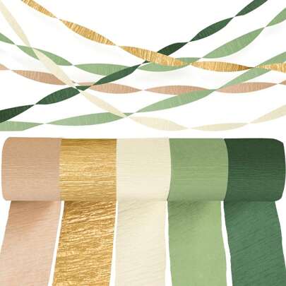 4/ 5 Pcs Crepe Paper Streamers, Olive Green And Gold Wrinkled Paper Ribbons, Elegant Bohemian Style Wedding, Birthday, Babyshower And Bridal Party Decorations, Suitable For Table Decoration And Celebration Events, Party Backgrounds | Bohemian Style | Exquisite Touch, Wedding Decoration