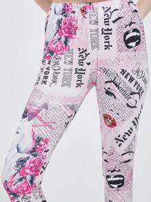 Womens Newspaper Inspired Stretchy Printed Leggings - Pink - View 6
