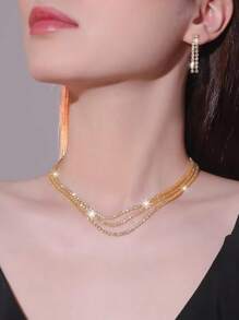 3pcs/Set Fashionable Rhinestone Necklace & Earring Jewelry Set, Claw Chain For Wedding Party - Silver - View 3