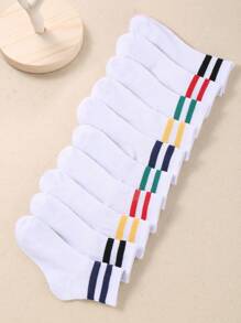 10 Pairs Of Kids' White Classic Striped Stretch Socks Are Casual And Comfortable For School Wear And Sports,Deodorant Sports Socks Children's Socks Unisex Teenagers Socks White