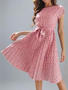 Summer Round Neck Short Sleeve Ditsy Floral Ruffle Bohemian Vacation Dress - Pink - View 6