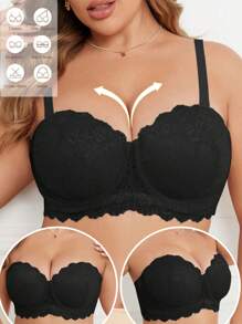 Sujetador cómodo con encaje y parches, sin alambres, con botones laterales y tirantes desmontables para multiposición para mujeres de tallas grandes