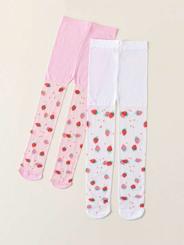 2 Pairs Of Kids' Tights,Thin & Breathable Silk Stockings Girls' Pantyhose, Sweet Strawberry Pattern Tights, Babys/Kids/Teens Tights,Suitable For Daily Wear