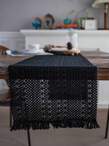 1 PC Đồng Màu Khoét Hở Placemat, Hình Chữ Nhật Phong Cách Mỹ Với Tua Rua Trang Trí, Trang Trí Bàn Ăn, Giáng Sinh Xanh, Cho Tất Cả Các Mùa - màu đen - Xem 7