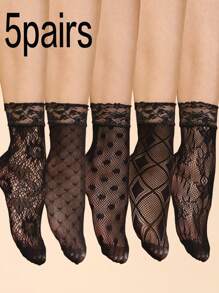Women Lace Crew Socks, New Hollow-Out Mesh Socks, Women Mid-Calf Socks, Fall - Black - View 2