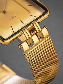 MISSFOX Fashion Men's Gold Dial Simple Square Stainless Steel Mesh Strap Watch