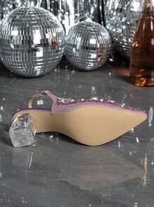 Women's Pointed Toe Crystal Heel Mary Jane Hollow Out Series Plus Size Pink High Heel Pumps, Suitable For Going Out, Party, Wedding And Other Occasions