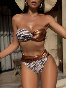 Women's Two Pieces Bikini Set With Twist Front Cutout & Halter Neck Design - Multicolor - View 3