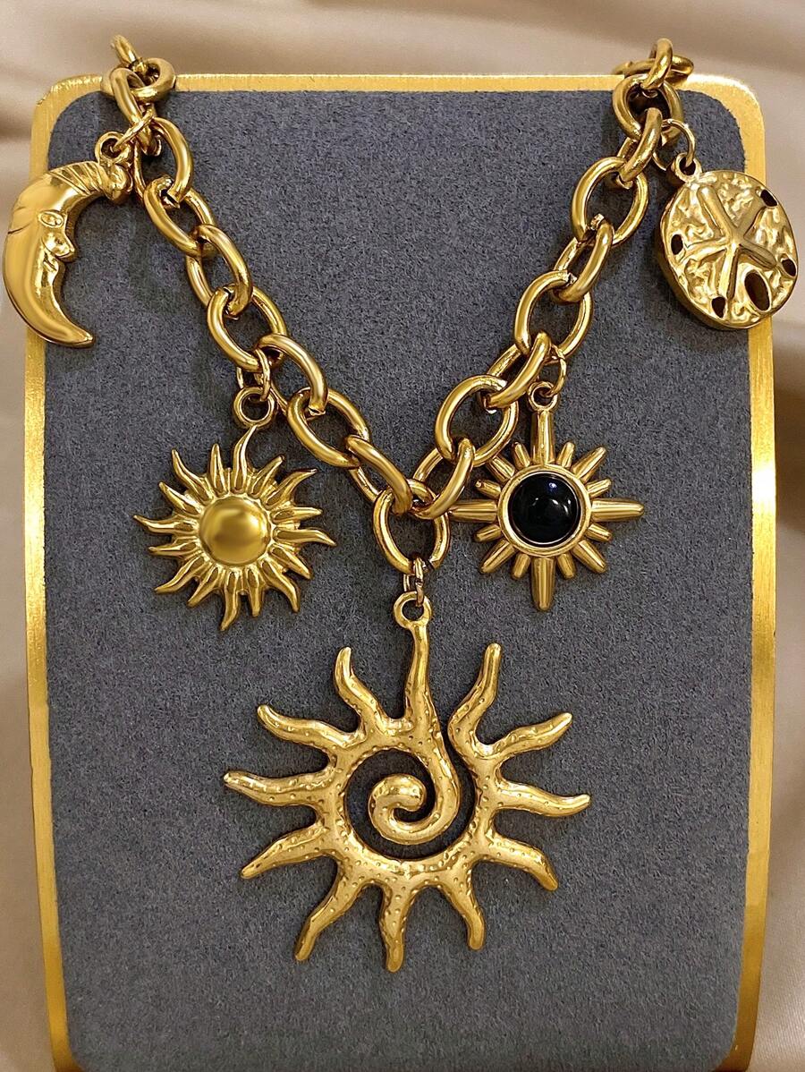 1件日月星辰吊坠项链，女士不锈钢链项链，日常及派对饰品，母亲节礼物 - 金黃色 - 查看 1