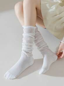 1 Pair Women's White Lace Patchwork Thigh High Socks, Pairs Well With Decorative Tall Boots, Vintage Elegant Style - White - View 4