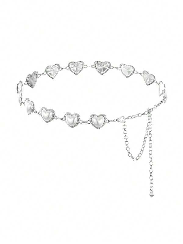 1pc Silver Metal Vintage Boho Style Heart & Pearl Decorated Waist Belt Chain For Women