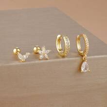 4 Stücke Ohrstecker Set mit Kubikzirkonia Sternblättern für Frauen, 18 Karat vergoldeter Edelstahl und Kupfer Ohrreifen Knorpel Schmuck