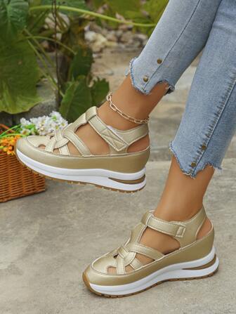 Women's Platform Wedge Sandals, Roman Sandals, New Fashion Peep Toe Hollow Out Chunky Heel Sandals, Color Block Non-Slip Sole, Closure, Summer Increased Height Sandals, Round Toe Comfortable Casual Walking Shoes, Essential Vacation & Party Sandals, Solid Color Thick Bottom Sandals