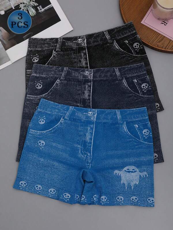 3pcs Set Seamless Denim Effect Knit Print Underwear For Women, Elegant Style, Fashion Intimates