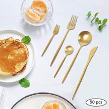 TFCFL 90PCS Gold Dinnerware Set, Gold Flatware Cutlery Set, Stainless Steel Utensils Set For Home Restaurant