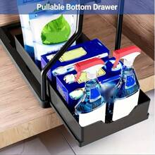 2 niveles Estantería de almacenaje de cocina negra - Organizador deslizante para debajo del fregadero, gran capacidad resistente para especias y artículos esenciales, cajón multiuso para el baño y la cocina