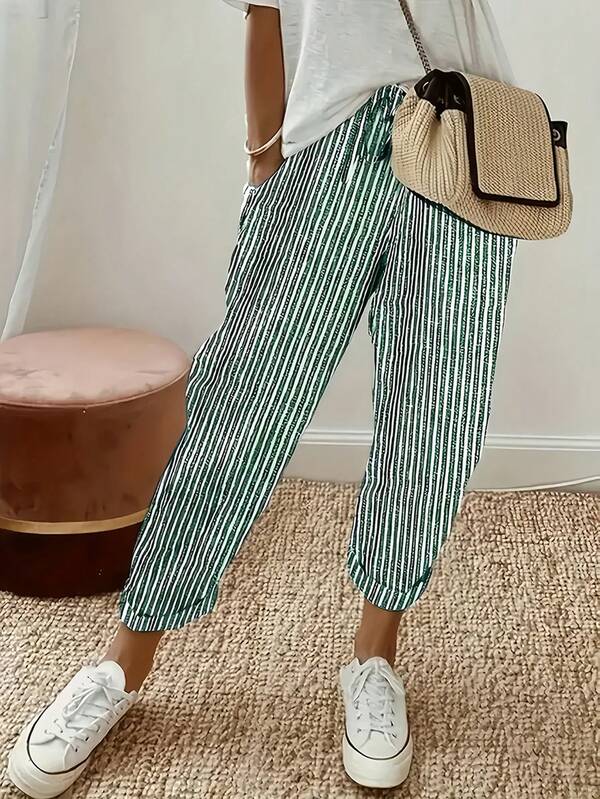 Independence Day, Graduation Season, Harlem Pants, Women's Striped Wide-Leg Casual Pants, High-Waisted, Comfortable And Fashionable Women's Wear For All Seasons, With Side Stripe Details, Elegant Women's Pants With Pockets