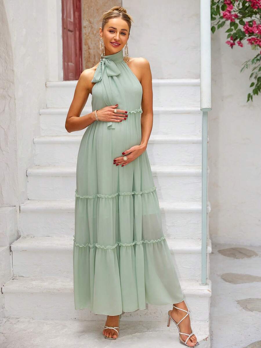 Joyfunear Maternity Robe Dress With Ear Edged Collar, Knot And Halter Design - Green - View 1
