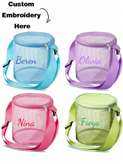 1pc Embroidery Customization Kids Seashell Mesh Bag Portable Toy Buckets Shell Collecting Tote Beach Toy Bag Adjustable Carrying Straps Sandboxes Net Bag For Boys Girls