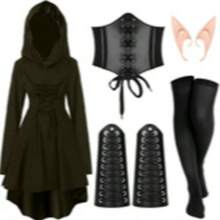 Halloween Women's Renaissance Fairy Costume Set, Medieval Hooded Dress With Accessories, Get Ears As A Gift