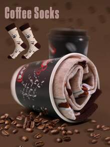 1 双咖啡、樱桃、冰淇淋卡通袜子，适合作为惊喜礼物、聚会礼物、节日礼物、女朋友礼物、情侣袜、男女通用中筒袜 - 米色 - 查看 1