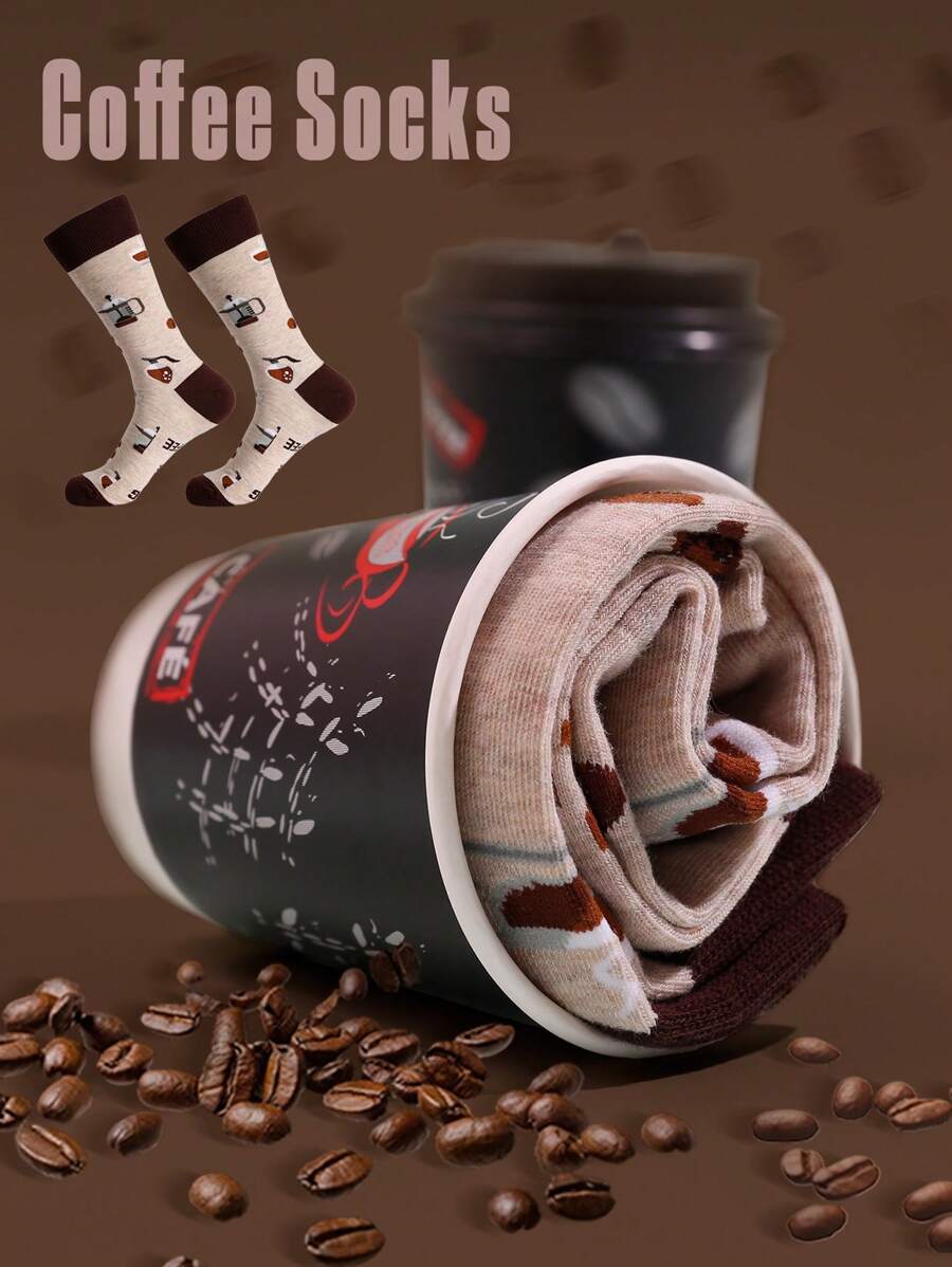 1 双咖啡、樱桃、冰淇淋卡通袜子，适合作为惊喜礼物、聚会礼物、节日礼物、女朋友礼物、情侣袜、男女通用中筒袜 - 米色 - 查看 1