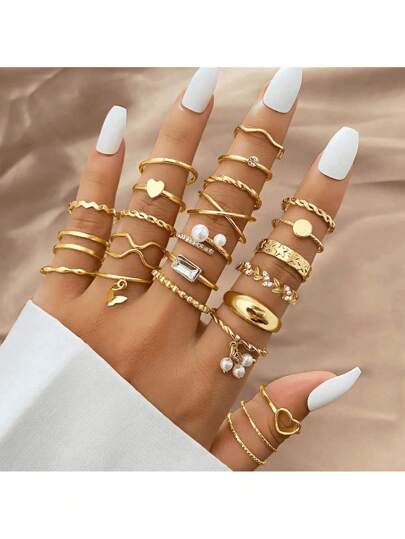 Kit Presente 24 Anéis Femininos Retrô Ouro Rosé | Jóias para Empilhar no Dia a Dia e Festas | Pronta Entrega