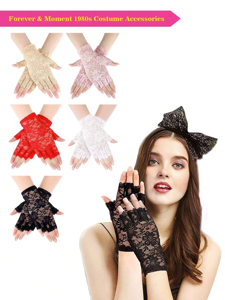 Forever & Moment 80s Retro Fingerless Lace Floral Gloves For Women - Vintage Lace Hand Accessories For 80s Theme Parties, Costume Balls & Vintage Fashion Prom - Multicolor - View 1