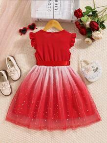 coviviky Blusa de manga corta acanalada y vestido con malla de lentejuelas degradadas con cinturón para niñas, cómodo y dulce, para verano