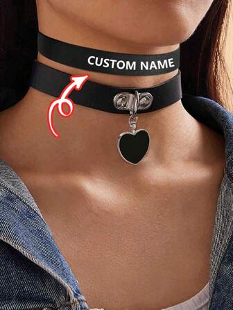 Women's Fashionable & Sexy Customized Choker Necklace, Heart Pendant Nylon Band Can Be Customized With Up To 10 Letters, Adjustable Length, Can Be Worn Separately, Suitable As Gift For Girlfriend/Wife, For Parties, Gatherings, Birthday, Balls