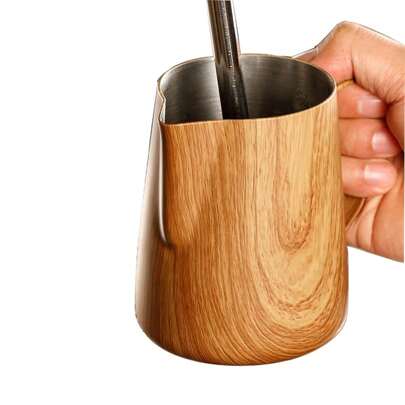 350ml 600ml Coated Barista Stainless Steel Milk Frothing Pitcher 12OZ 20OZ Wood Color Latte Art Coffee Milk Jug Wood Surface Milk Pitcher Cup Back To School