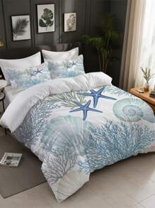 3件套创意时尚海洋珊瑚印花被套套装（1个被套+2个枕套，不含被芯），饰有海星和珊瑚印花，柔软亲肤，缓解视觉疲劳，四季皆宜，拉链封口，适用于酒店、卧室、客房和宿舍，低致敏性，易于打理，时尚轻盈，透气性好，现代简约风格，海洋主题 - 彩色 - 查看 5