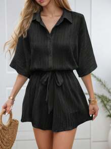 hoteel Women's Solid Color Front Button Short Sleeve Shirt Collar Simple Casual Jumpsuit - Black - View 5