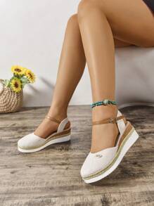Plus Size Ladies Faux Suede Color Block Slip-On Wedge & Platform Espadrille Sandals - Beige - View 3