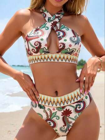 Women's Cashew Pattern Print Two Pieces Cutout Style Fashion Sexy Summer Seaside Travel Swimwear Set TOPS