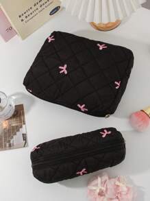 1Pc/Set Pink Bow Embroidered Quilted Makeup Bag Sets, Cute Macaron Color Large Capacity Cosmetic Bag, Lightweight Fluffy Filling Toiletries Bag For Travel Storage,Daily Use. For School Cosmetic Bag Back To School Supplies Cosmetic Storage School Stuff Bag Organizer Room Stuff Travel Essentials Make Up Bag Holiday Essentials Dorm Essentials Daily Commute Essentials Makeup Bags Makeup Pouch Makeup Organizer Cosmetic Bag Holiday Winter