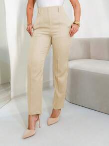Women's High-Waisted Straight Pants, Elegant, Formal And Modern - 淺米色 - 查看 4